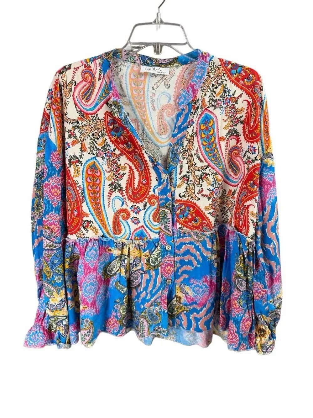 Gigi Moda Berttina Paisley Blouse Medium Button Up Peplum Top Made In Italy Boho
